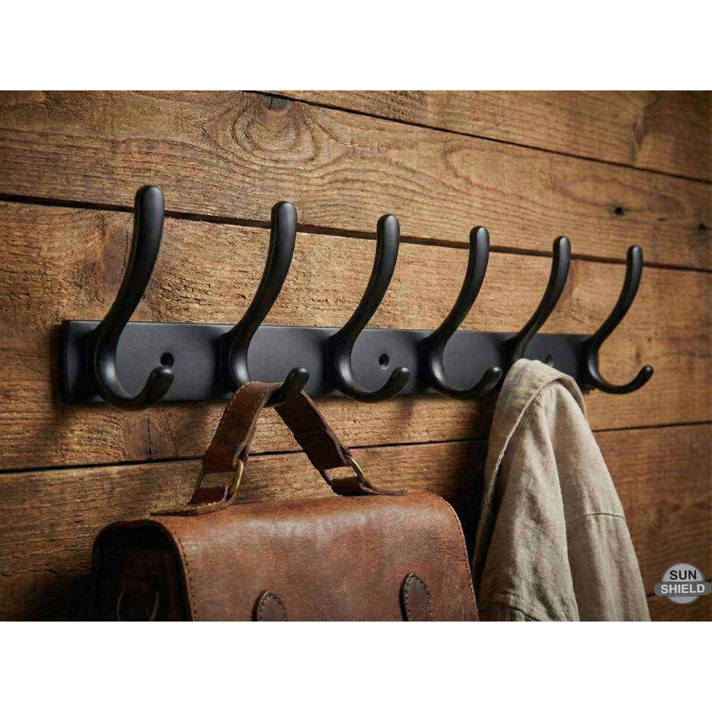 Wall-Mounted Cloth Hanger – Durable Steel Plate with Aluminum Hooks 6 Pin Black Finish