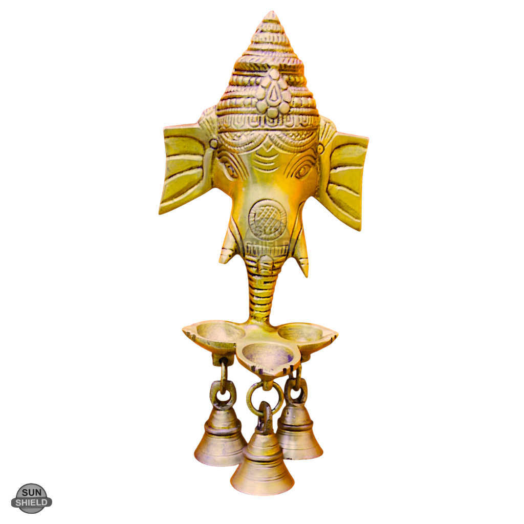 Brass Ganesha Diya Wall Hanging with Bells (8.5 Inch, Antique Gold)
