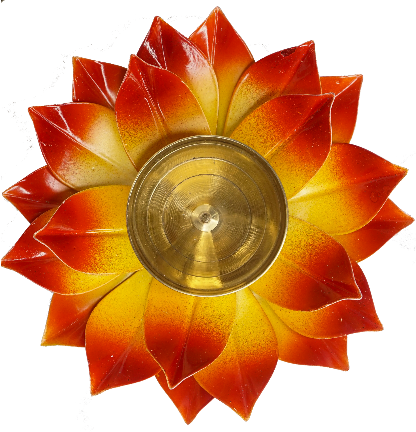 Red-Yellow Brass Lotus Diya (4 Inch) - Traditional Pooja Lamp