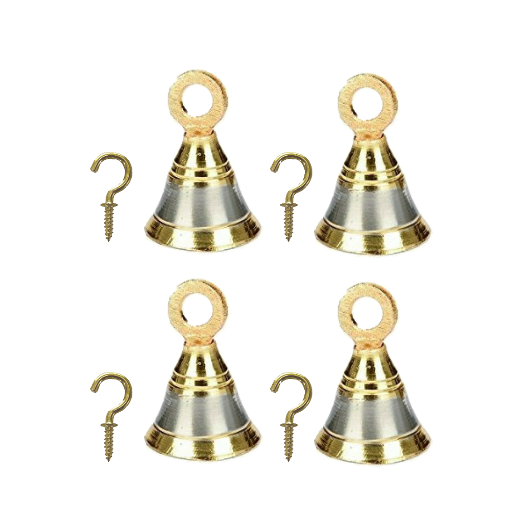 Silver Gold Finish Brass Bells 2 Inch for Pooja Room with J Hooks