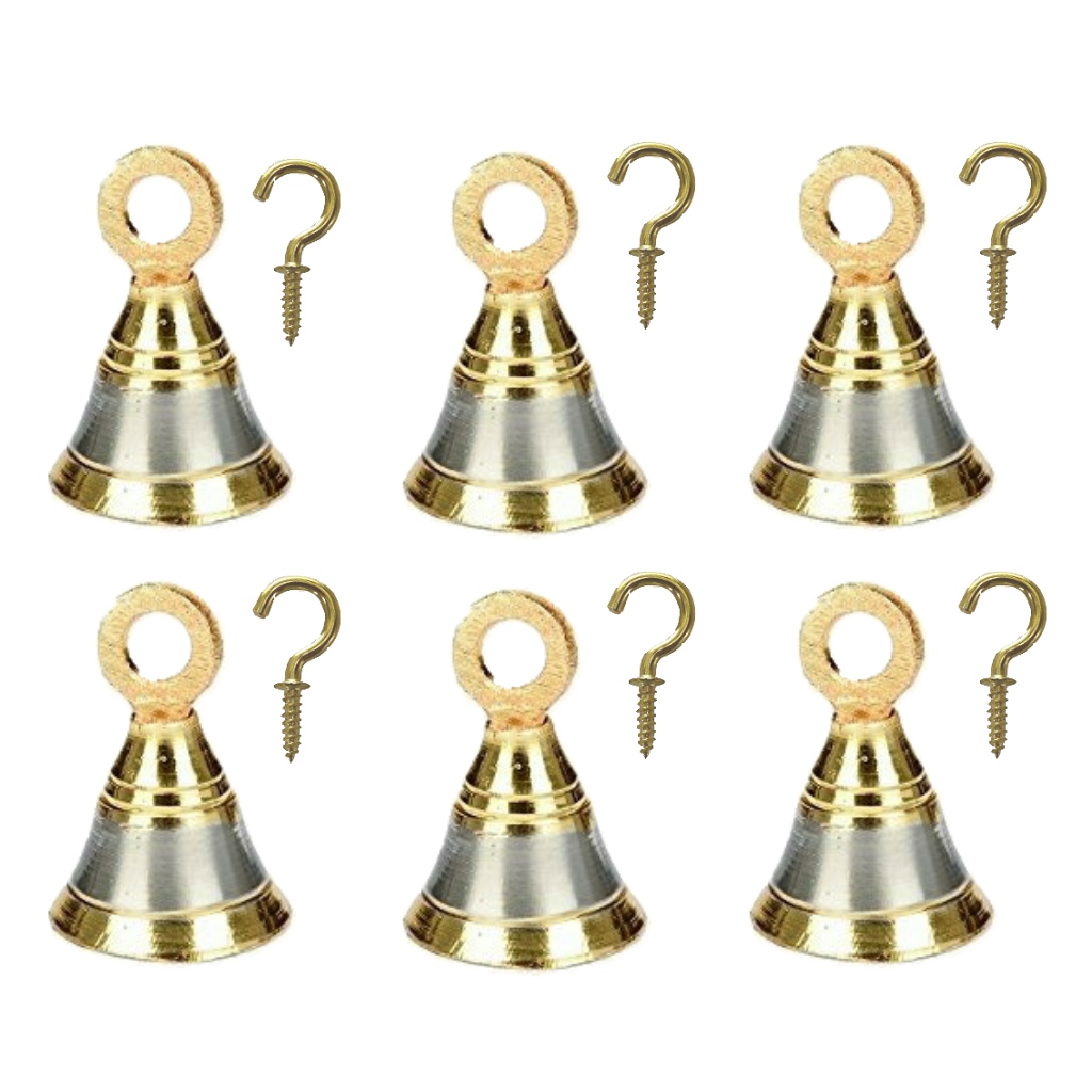 Silver Gold Finish Brass Bells 2 Inch for Pooja Room with J Hooks