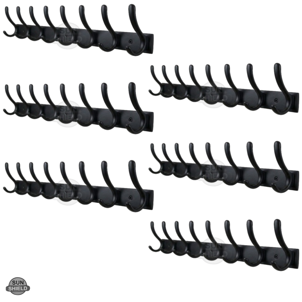Wall-Mounted Cloth Hanger – Durable Steel Plate with Aluminum Hooks 8 Pin Black Finish