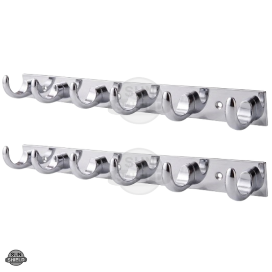 Wall-Mounted Cloth Hanger – Durable Steel Plate with Aluminum Scoop Hooks 6 Pin SS Finish
