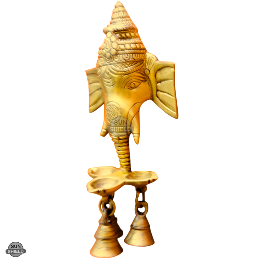 Brass Ganesha Diya Wall Hanging with Bells (8.5 Inch, Antique Gold)