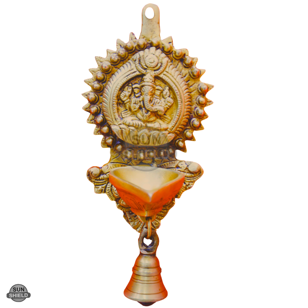 Brass Ganesha Diya Wall Hanging with Single Bell (8.5 Inch, Antique Gold)