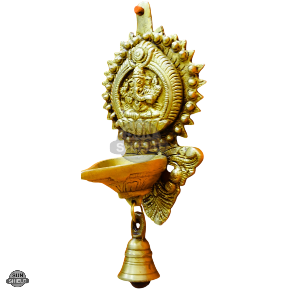 Brass Ganesha Diya Wall Hanging with Single Bell (8.5 Inch, Antique Gold)