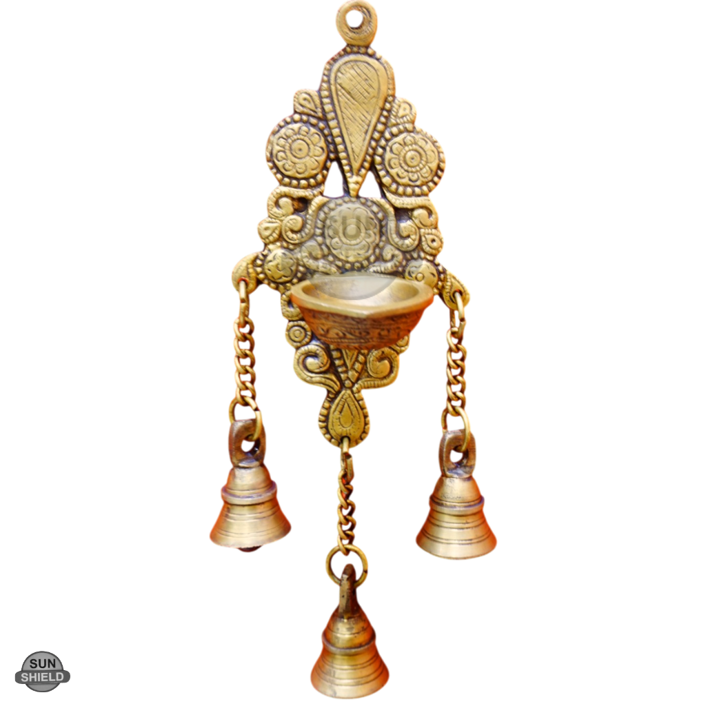 Ornate Brass Ganesha Diya Wall Hanging with 3 Chain Bells (10.5 Inch, Antique Gold)