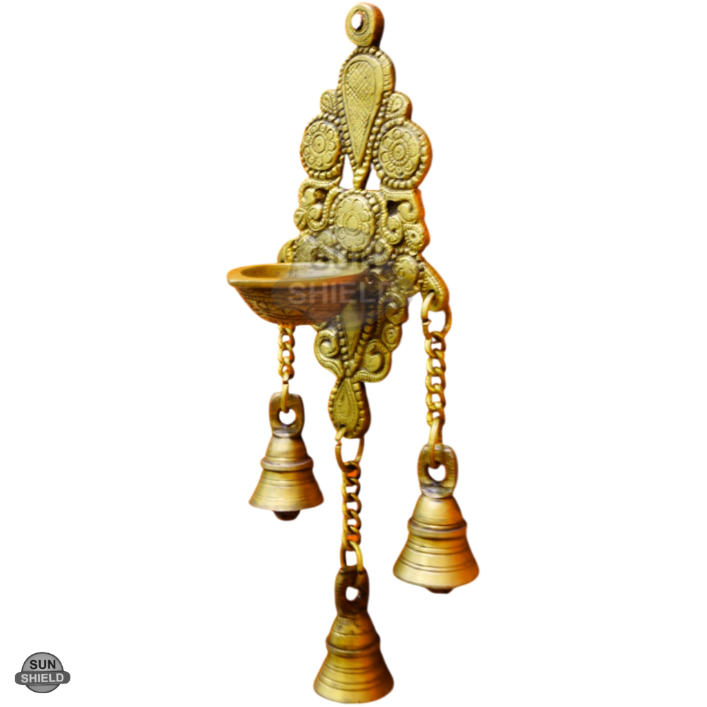 Ornate Brass Ganesha Diya Wall Hanging with 3 Chain Bells (10.5 Inch, Antique Gold)