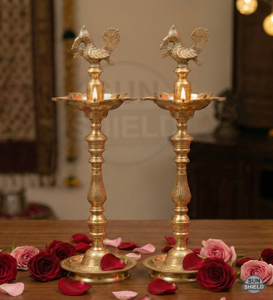 16 Inches Brass Peacock Kuthu Vilakku Deepam Lamp