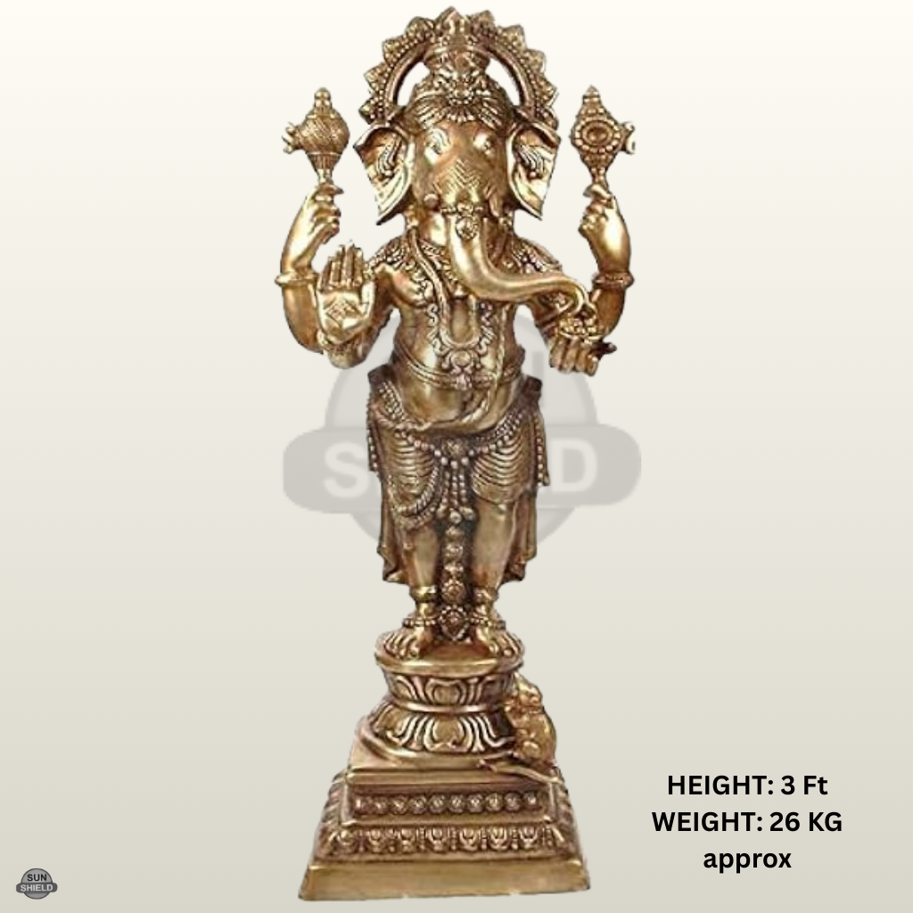 3 Feet Standing Brass Ganesha Statue - Gold Finish, 26 KG