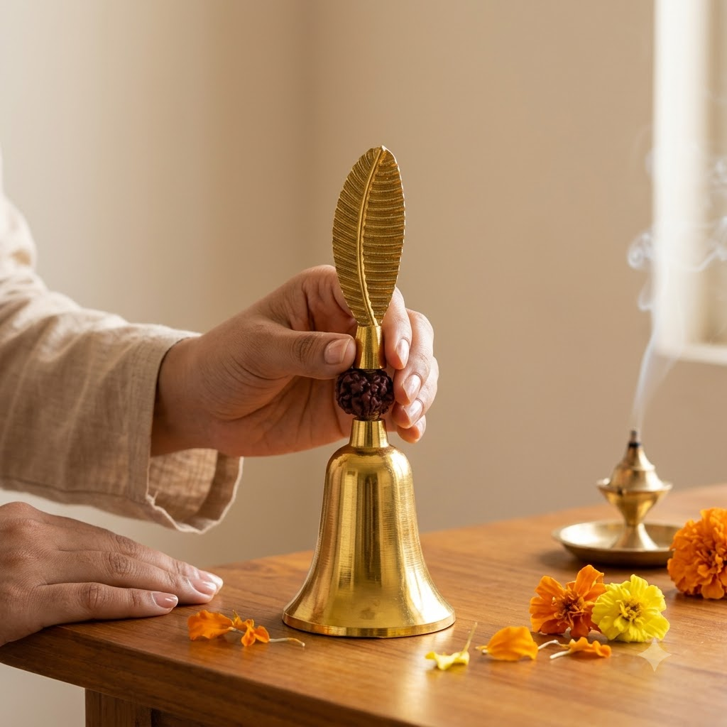Gold Brass Finish Zinc Rudraksha Hand Bell - 6 Inch, 82 g