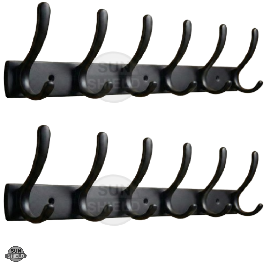 Wall-Mounted Cloth Hanger – Durable Steel Plate with Aluminum Hooks 6 Pin Black Finish