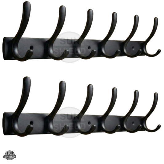Wall-Mounted Cloth Hanger – Durable Steel Plate with Aluminum Hooks 6 Pin Black Finish