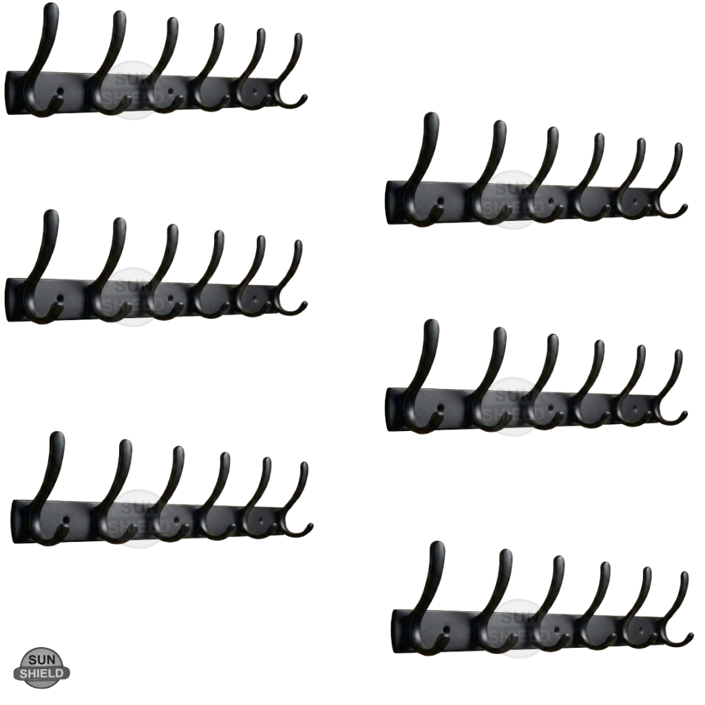 Wall-Mounted Cloth Hanger – Durable Steel Plate with Aluminum Hooks 6 Pin Black Finish
