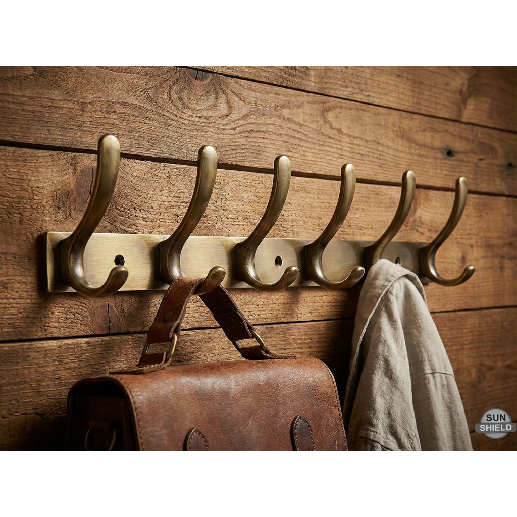 Wall-Mounted Cloth Hanger – Durable Steel Plate with Aluminum Hooks 6 Pin Antique Finish