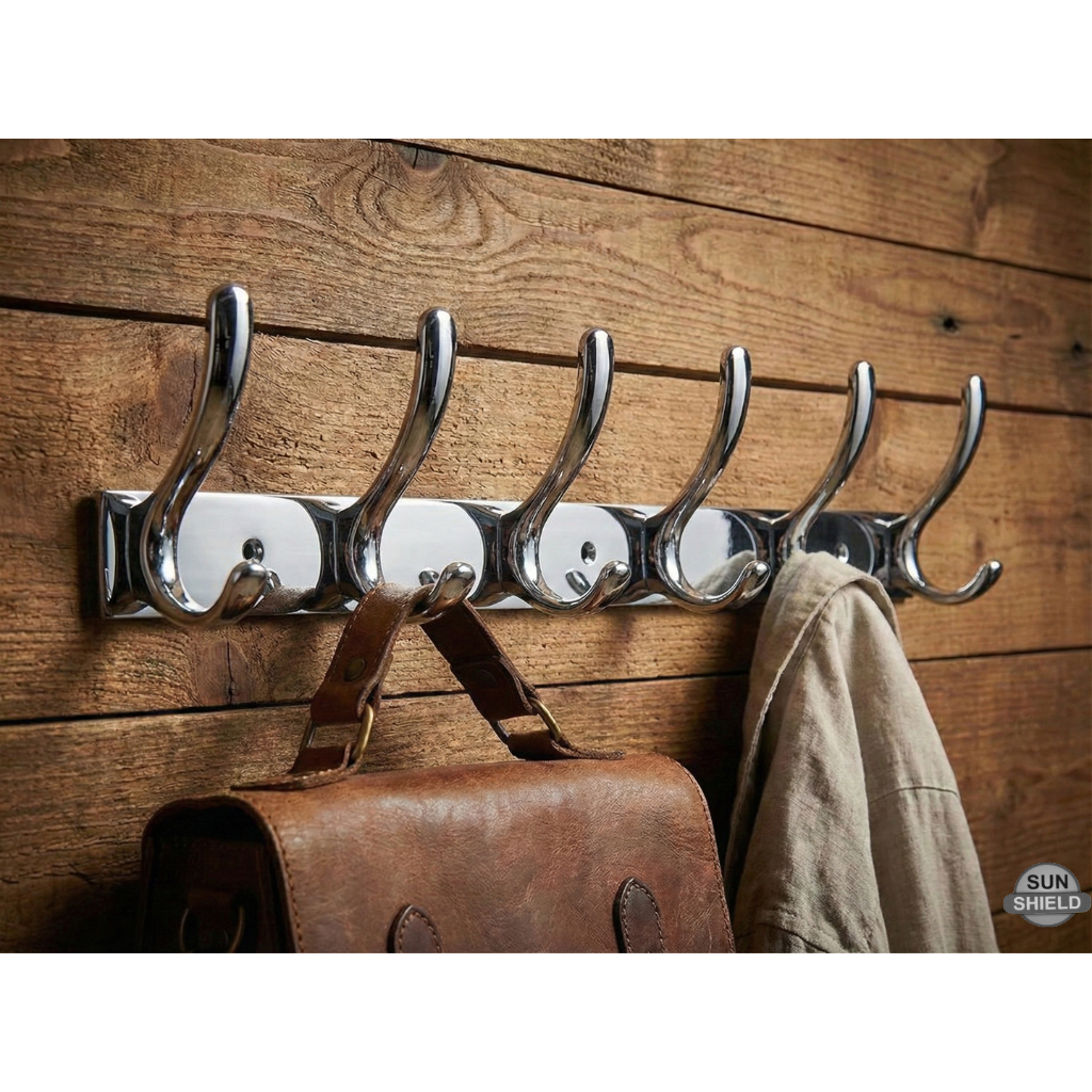 Wall-Mounted Cloth Hanger – Durable Steel Plate with Aluminum Hooks 6 Pin SS Finish