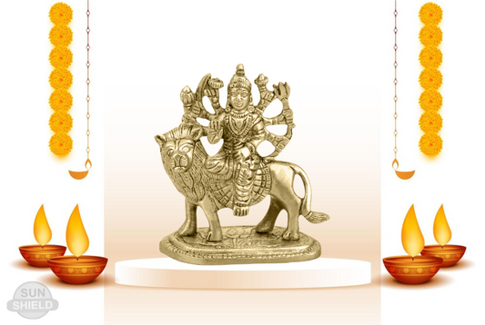 Goddess Durga Brass Idol Antique Gold Finish (3.5 inch)