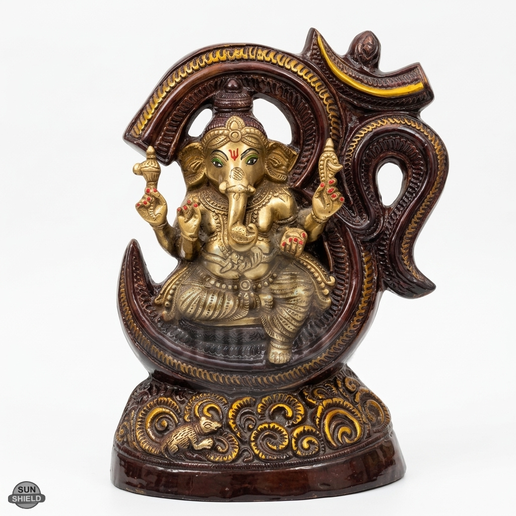 16" Brass Ganesha Statue | Seated with Om Frame & Modak (12kg)