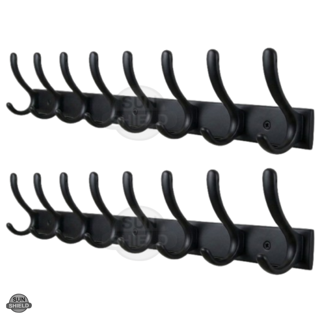 Wall-Mounted Cloth Hanger – Durable Steel Plate with Aluminum Hooks 8 Pin Black Finish