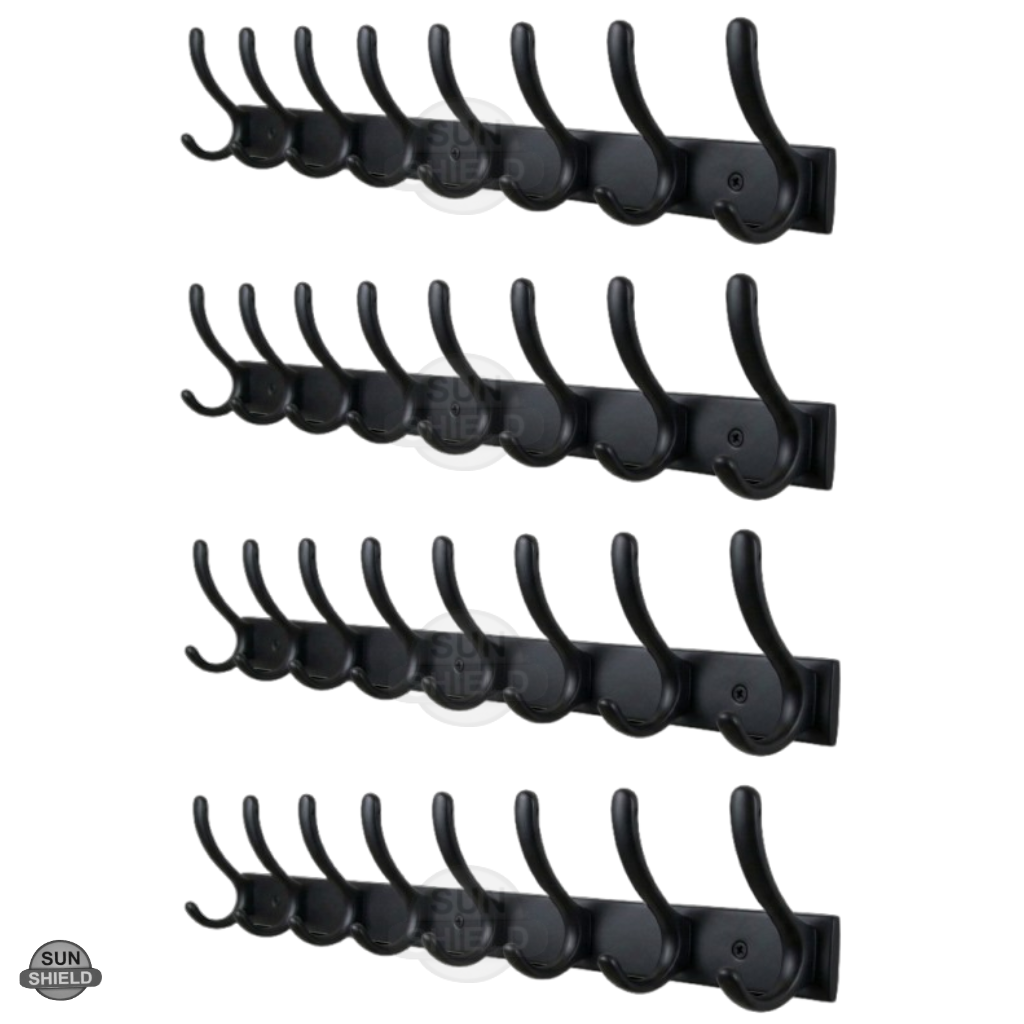 Wall-Mounted Cloth Hanger – Durable Steel Plate with Aluminum Hooks 8 Pin Black Finish