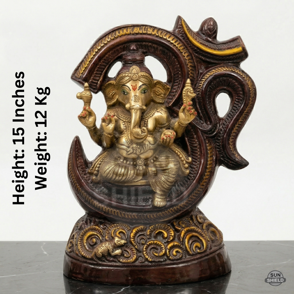 16" Brass Ganesha Statue | Seated with Om Frame & Modak (12kg)