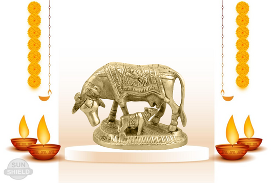 Kamdhenu Cow With Calf Brass Idol Antique Gold Finish (3 inch)