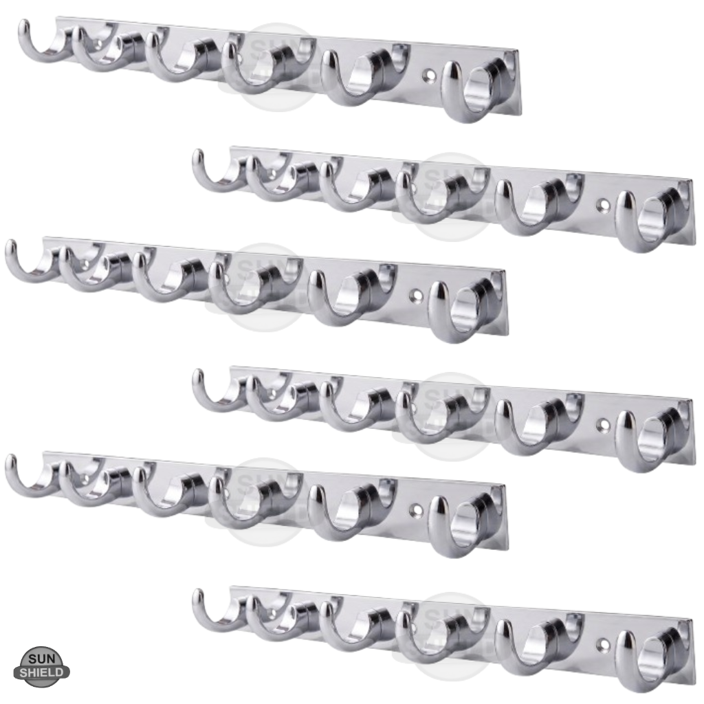 Wall-Mounted Cloth Hanger – Durable Steel Plate with Aluminum Scoop Hooks 6 Pin SS Finish