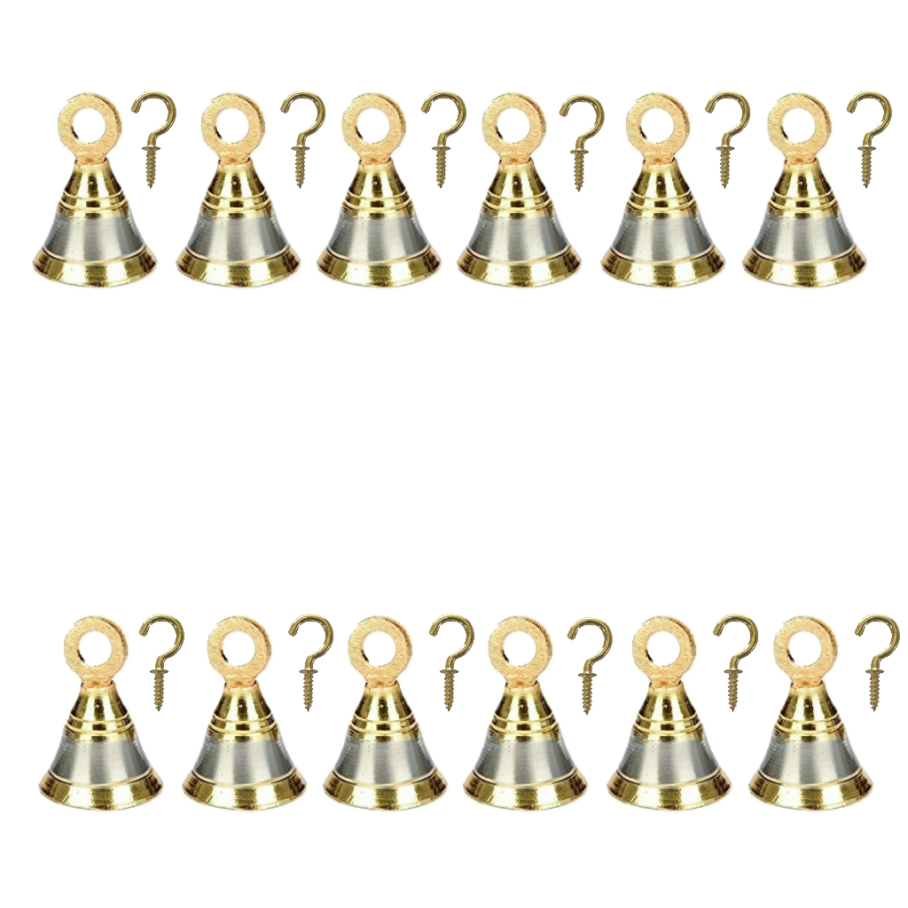 Silver Gold Finish Brass Bells for Pooja Room with J Hooks - 12 Pcs