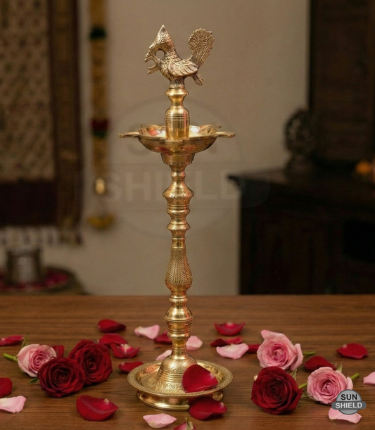 16 Inches Brass Peacock Kuthu Vilakku Deepam Lamp