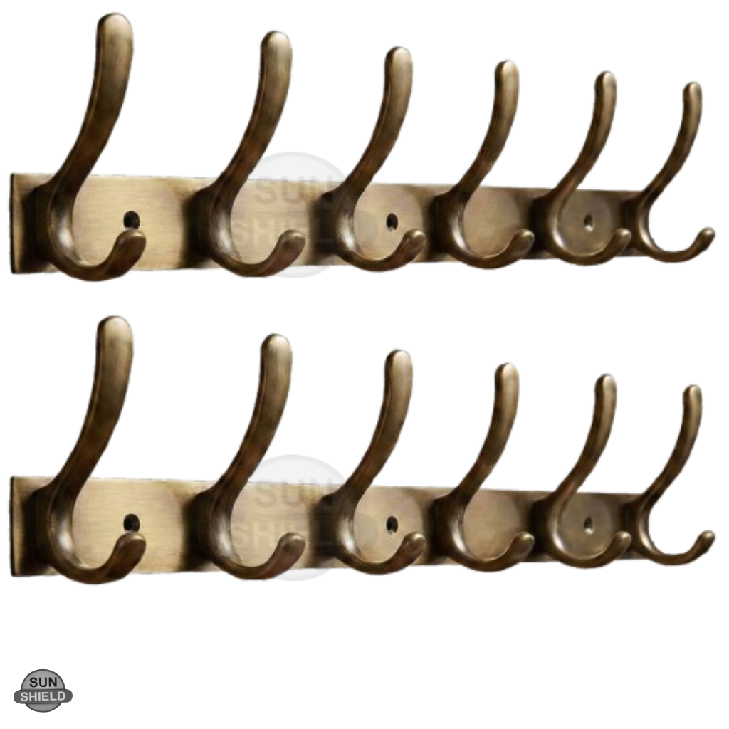 Wall-Mounted Cloth Hanger – Durable Steel Plate with Aluminum Hooks 6 Pin Antique Finish