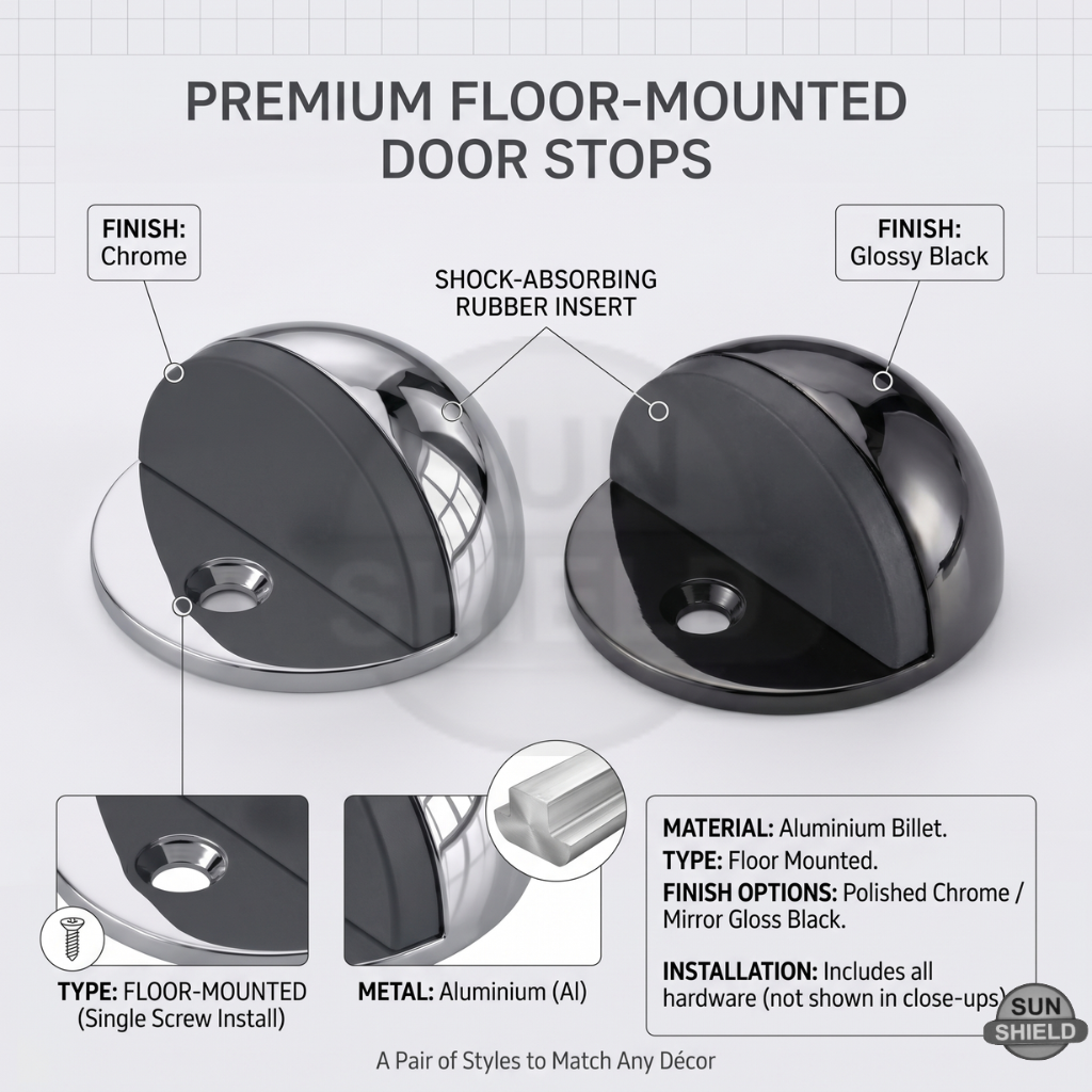 Aluminium Half Moon Door Stopper – Floor Mounted, Polished Chrome Finish