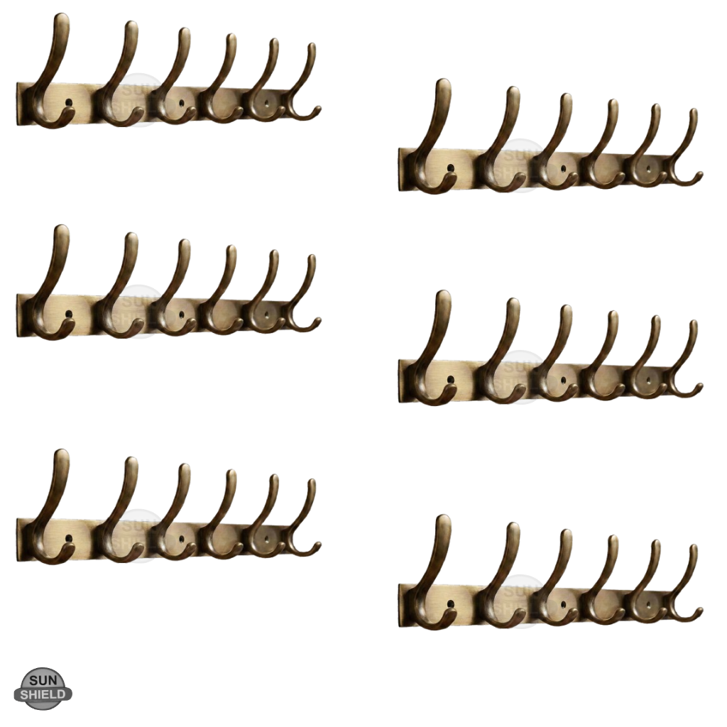 Wall-Mounted Cloth Hanger – Durable Steel Plate with Aluminum Hooks 6 Pin Antique Finish