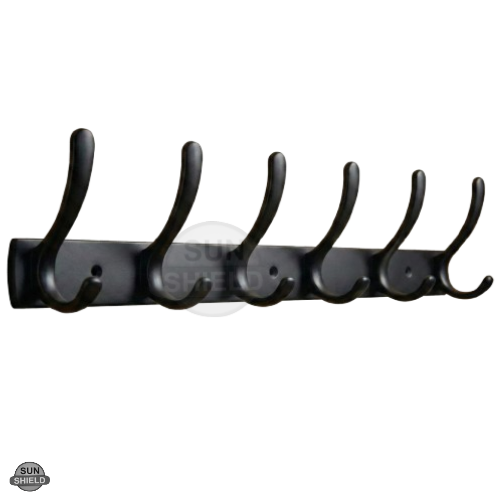 Wall-Mounted Cloth Hanger – Durable Steel Plate with Aluminum Hooks 6 Pin Black Finish