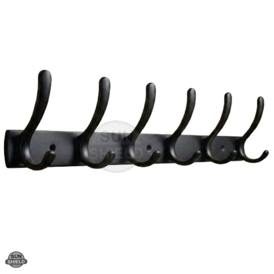 Wall-Mounted Cloth Hanger – Durable Steel Plate with Aluminum Hooks 6 Pin Black Finish