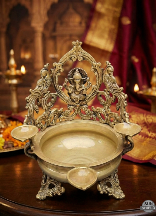 Brass Ganesha Urli with 3 Oil Lamps (12 Inch)
