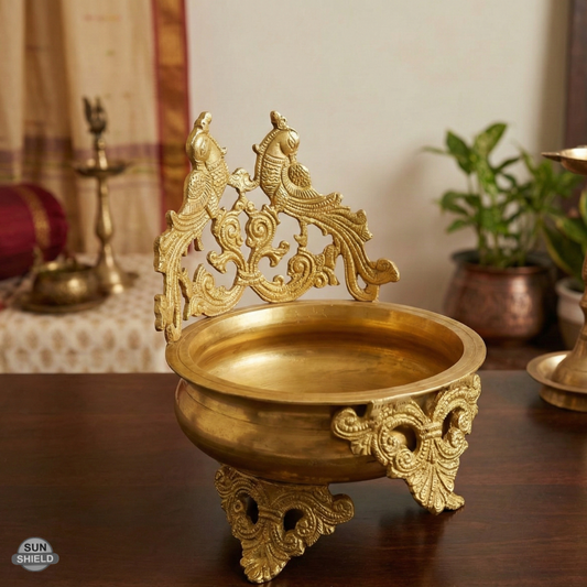 Traditional Brass Peacock Urli Bowl (8 Inch, 2.5 Kg)