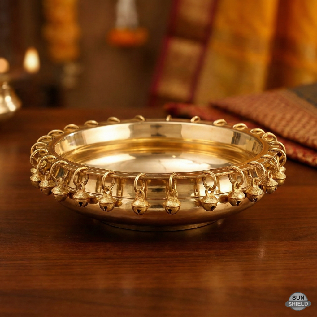 8-Inch Brass Urli with Hanging Bells (Ghungroo) – 1.5 Kg Heavy, 3" Height