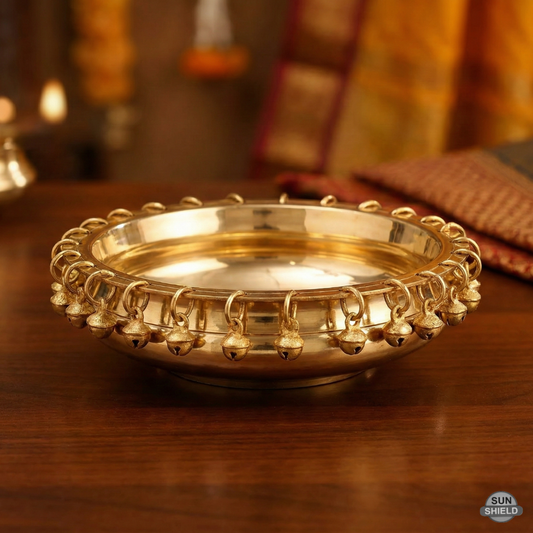 8-Inch Brass Urli with Hanging Bells (Ghungroo) – 1.5 Kg Heavy, 3" Height