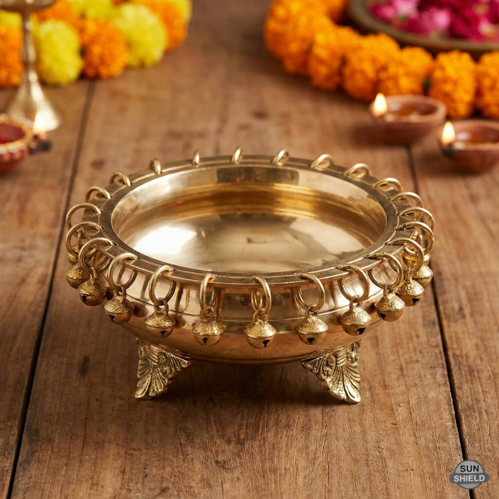 6-Inch Brass Urli with Hanging Ghungroo Bells and Feet – 3" Height, 1.2 Kg