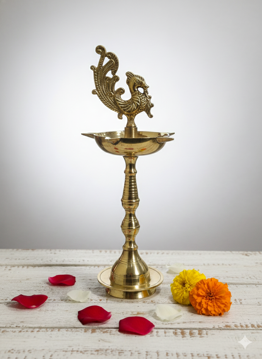 10 Inches Brass Peacock Kuthu Vilakku Deepam Lamp