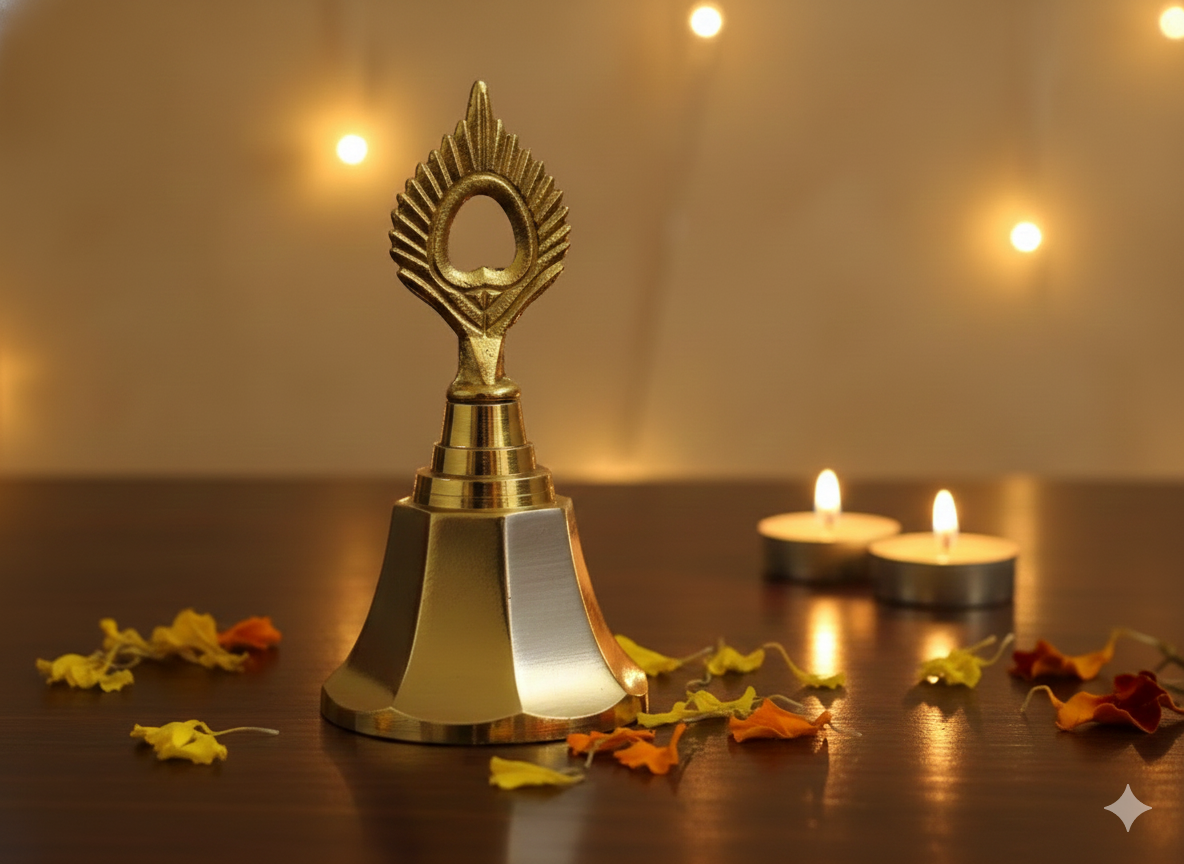 Dual-Tone Silver Gold Peacock Pooja Bell | 3 Inch Decorative Temple Ghanti for Door Hanging