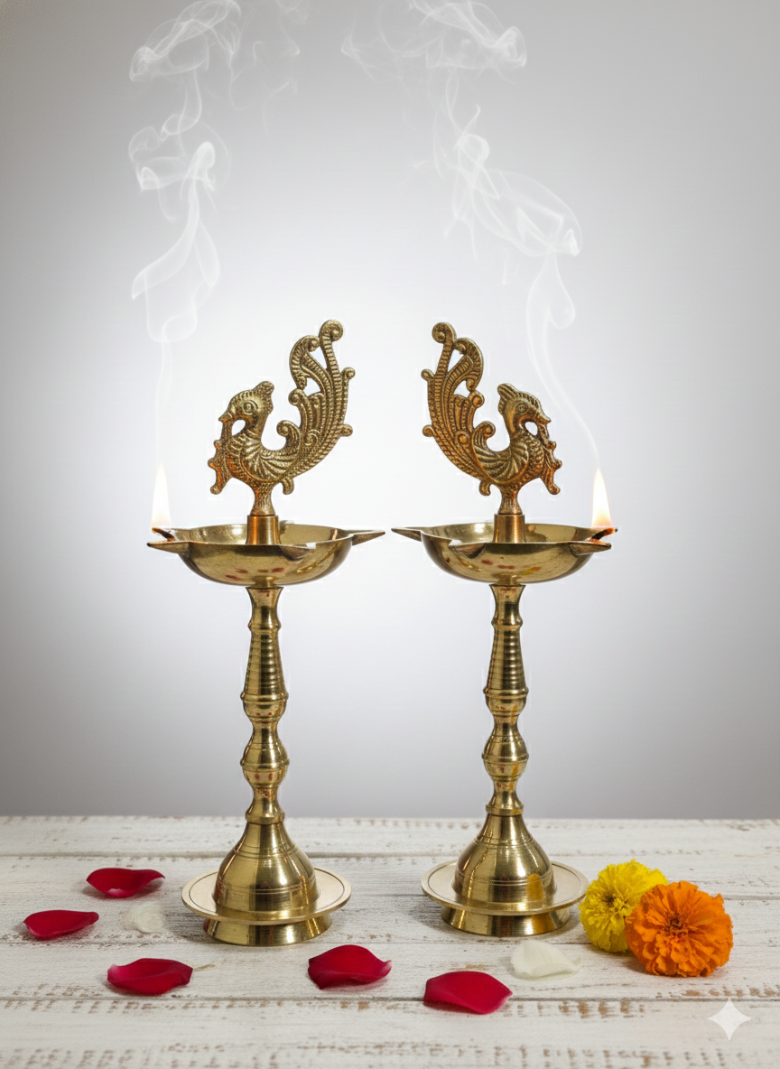 10 Inches Brass Peacock Kuthu Vilakku Deepam Lamp