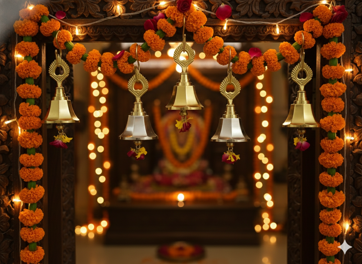 Dual-Tone Silver Gold Peacock Pooja Bell | 3 Inch Decorative Temple Ghanti for Door Hanging