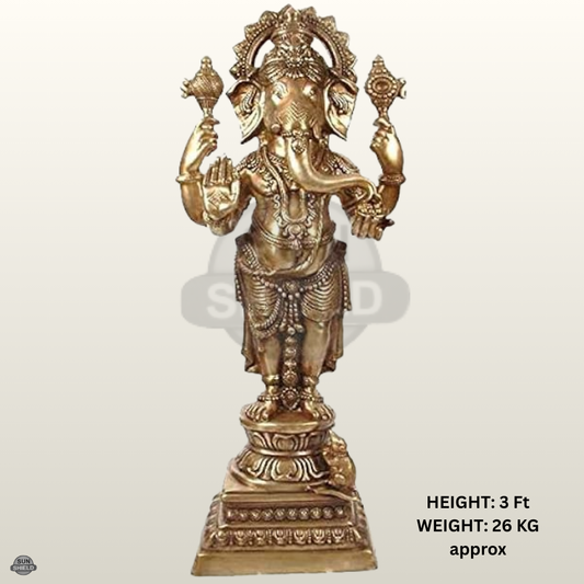3 Feet Standing Brass Ganesha Statue - Gold Finish, 26 KG