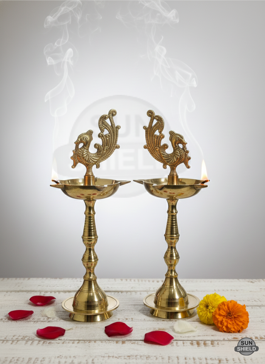 10 Inches Brass Peacock Kuthu Vilakku Deepam Lamp