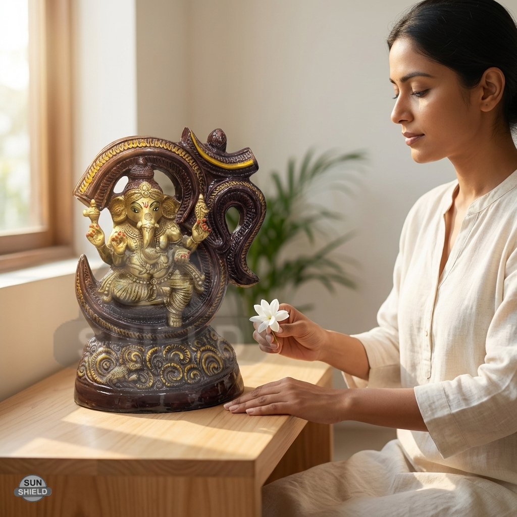 16" Brass Ganesha Statue | Seated with Om Frame & Modak (12kg)