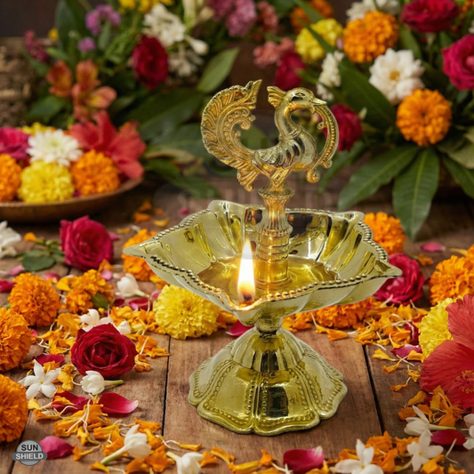 5 Batti Brass Peacock (Murgan) Diya Oil Lamp for Puja & Home Decor (3.5 Inch)
