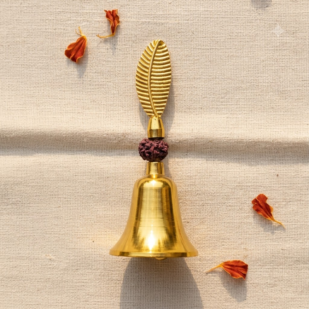 Gold Brass Finish Zinc Rudraksha Hand Bell - 6 Inch, 82 g