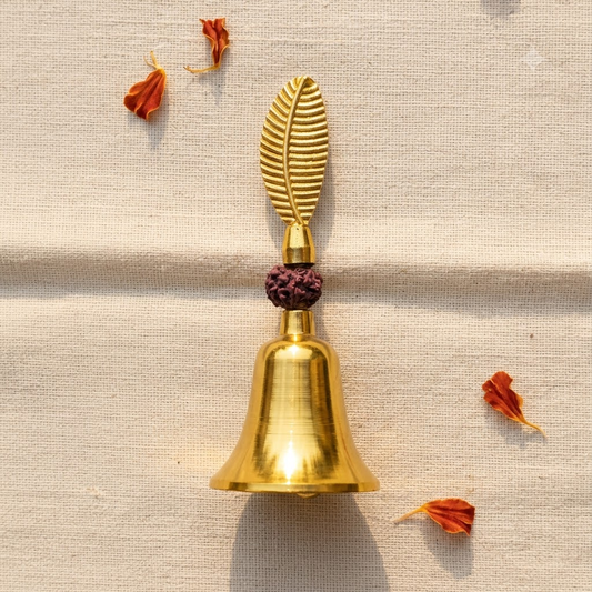 Gold Brass Finish Zinc Rudraksha Hand Bell - 6 Inch, 82 g