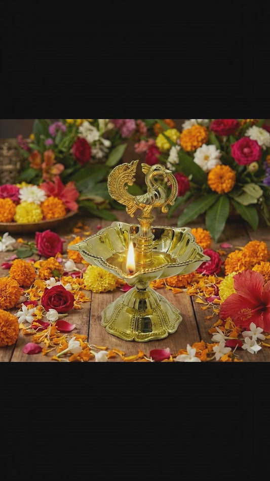 5 Batti Brass Peacock (Murgan) Diya Oil Lamp for Puja & Home Decor (3.5 Inch)